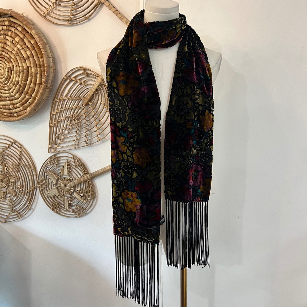 Vintage Burnout Velvet Floral Fringe Scarf Devoré Silk Blend Oblong Wrap Jewel - Picture 4 of 10